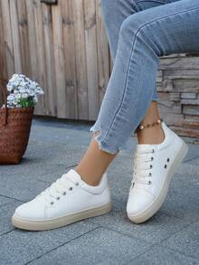 Women's Classic Black & White Contrast Low-Top Flat Student Casual Sneakers. Solid Color Lace-Up Sporty Casual Shoes. Casual & Fashionable, Versatile For Daily Wear And Commuting - White - View 7