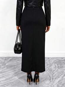 Falda negra elegante de longitud hasta la rodilla con bolsillos, botones y cremallera, adecuada para exteriores, vacaciones, oficina, lavable a máquina - Negro - Ver 3