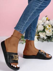 Women's Fashion Versatile Casual Metal Decor Flat Open Toe Slip-On Sandals, Suitable For Home, Vacation, Spring/Summer - Black - View 4
