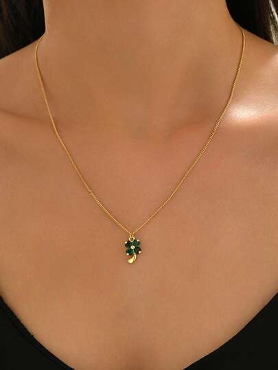 1pc Fashionable Minimalist Copper Inlaid Cubic Zirconia Four-Leaf Clover Pendant Necklace For Women, Suitable For Gift And Daily Wear