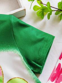 2件套女童圣帕特里克节“幸运”字母和三叶草图案柔软针织短袖T恤和喇叭裤套装，适合户外穿着，春夏皆宜 - 綠色 - 查看 4