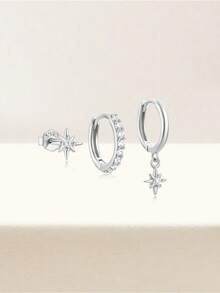 3Pcs Irregular Zirconia 925 Sterling Silver Star Earring For Women Ins Style Piercing Hoop Earring Suitable For Wedding Bridal Jewelry