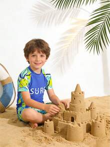 This 2 Pieces Swimsuit Is Fashionable And Refreshing, Making It An Ideal Choice For Summer Leisure And Vacation, Designed Specifically For Young Boys. It Features A Color Block Design With A Digital Print Of Brown Tree Patterns. This Stretchy, Quick-Drying And Comfortable Swimsuit Is Perfect For Beach Vacations, Pool Parties, Surfing And Travel. - Blue - View 10