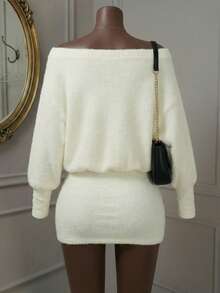 JTI 秋冬女士白色蓬松船领套头连衣裙，松紧腰身，优雅修身短款束腰上衣 - 杏色 - 查看 2