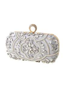 Nuevo bolso de noche con adornos de strass, bolso de mano formal hecho a mano con cuentas - Plateado - Ver 2