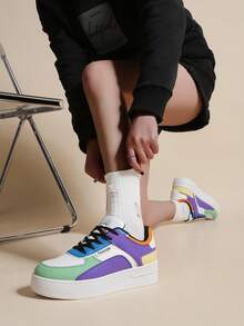 女士彩色拼接厚底运动鞋，白色休闲鞋，粉色运动鞋，适合春秋季穿着 - 紫色 - 查看 4