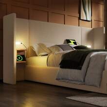 Polsterbett Doppelbett 160*200 Mit Nachttisch, Leselampe Und USB Type-C Ladefunktion, Bettanlage Stauraumbett Bettgestell Mit Lattenrost Aus Massivholz Und Metall, Beige, Leinen(Ohne Matratze) - Beige - View 3