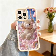 Cubierta de teléfono con diseño de oso de peluche rosa y arcoíris para iPhone 14 Pro Max funda protectora con estampado de dulces y nubes para uso diario y regalo - Burdeos - Ver 4