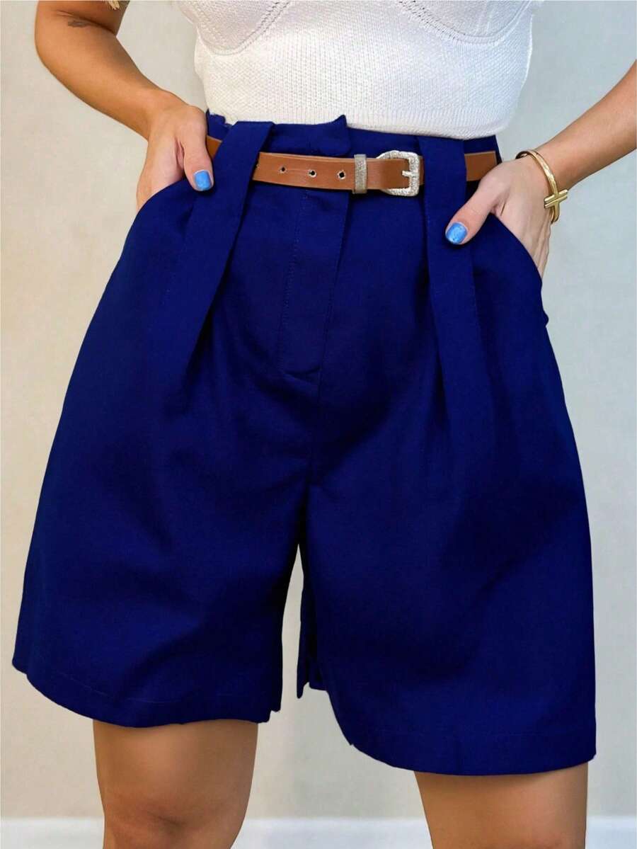 Women's Linen Bermuda Shorts/Pleated Skirt/With Belt Loops/Slash Pockets/Includes Belt - Xanh nước biển 2 - Xem 1