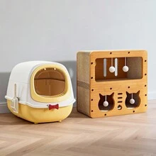 Cute 3-In-1 Cat House – Scratcher, Bed & Play Tunnel With Hanging Pom Balls, Durable Structure For Up To 20 Lbs & Ideal Christmas Gift - MD-cAT2+QE-yELLOW - View 13