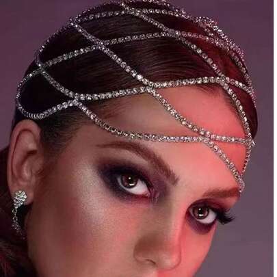 Cadena para la cabeza de estilo bohemio con malla hueca; Accesorio brillante de lujo para vestido de fiesta de noche de mujer