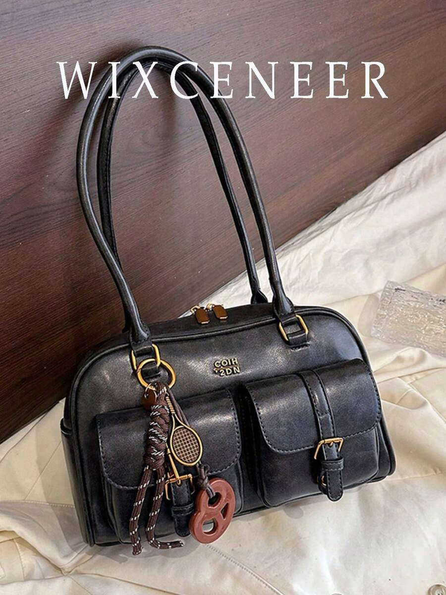 Women's Retro Solid Color PU Leather Shoulder Bag, Multi-Pocket Large Capacity, Comes With Detachable Pendant