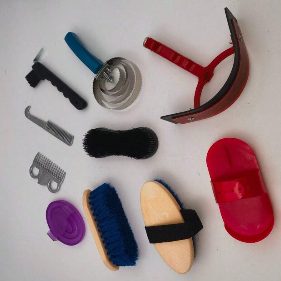 10件套马匹梳理清洁工具，包括马刷、马梳、刮汗器、蹄钩等，马匹护理用品 - 混色十件套裝 - 查看 1