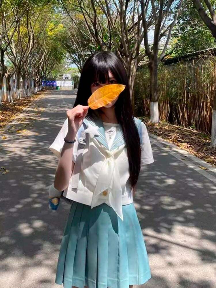 【夏の定番】セーラー服セット ハイウエストキュロットプリーツスカート 学生風クールミニスカート - 白いセーラー服 - 見る 5