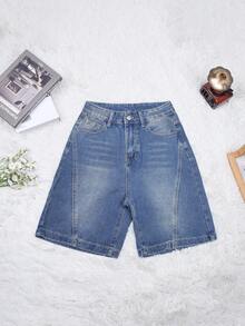 Shorts vaqueros de verano para mujer, lavado con efecto de bigotes de gato, pierna recta holgada, con bolsillos laterales, bermudas de longitud hasta la rodilla, casuales - Azul retro - Ver 5