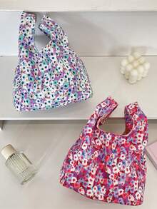 1 pieza Bolsa de almuerzo con flores lindas, bolso de hombro tipo tote para damas, bolso de compras con estampado floral dulce para mujer, bolso de almuerzo de dibujos animados casual y portátil, bolso de mano pequeño para damas, bolso de comida, bolso de viaje y picnic