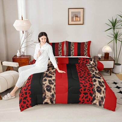 Castle Fairy 3pcs Leopard Print Comforter Set Full/Queen/King  Size Cheetah Skin Fashion Bedding Set Women Men Adults  Room Decor Geometric Stripes Patchwork  Comforter Red Black Brown Bedding Set 2 Pillowcases-Soft And Warm - Birthday Holiday Gift Graduation Gifts