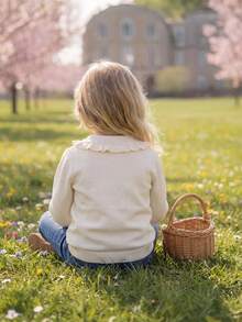 年轻女孩优雅刺绣领长袖针织毛衣 - 米色 - 查看 6