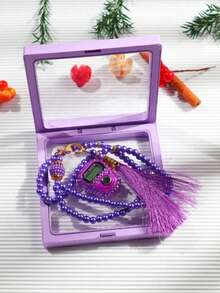 2pcs Set: Electronic Finger Tally Counter With Rhinestones, 99pcs Faux Pearl Muslim Prayer Beads, Transparent Jewelry Box. For Counting, Praying, Golf, Suitable As Holiday Gifts - Multicolor - View 3