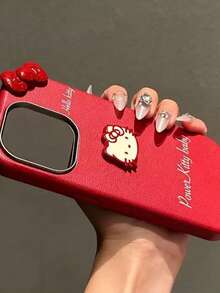 Sanrio 1个红色皮革纹理卡通3D三丽鸥Hello Kitty蝴蝶结TPU防震保护手机壳，兼容 11/12/13/14/15/16/17/Pro Max - 紅色 - 查看 3