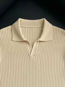 Men's Short Sleeve Knit Sweater, Casual Striped Polo Collar Pullover Knitwear Top, Spring/Autumn - Apricot - View 4