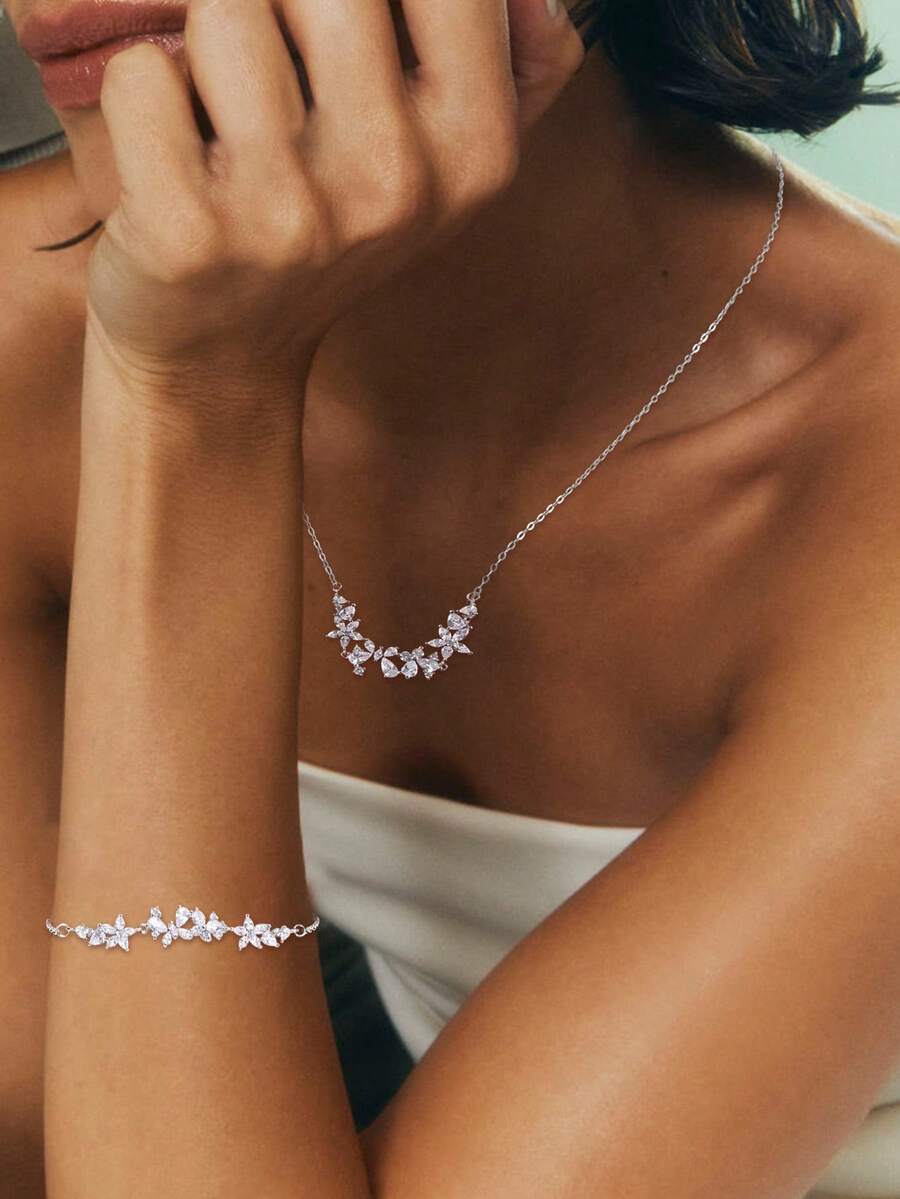 1 Set 925 Sterling Silver Wisteria Smiling Earrings Necklace Set For Women Girls,5A Cubic Zirconia,Jewelry Sets Gifts For Wedding Party With Box Package