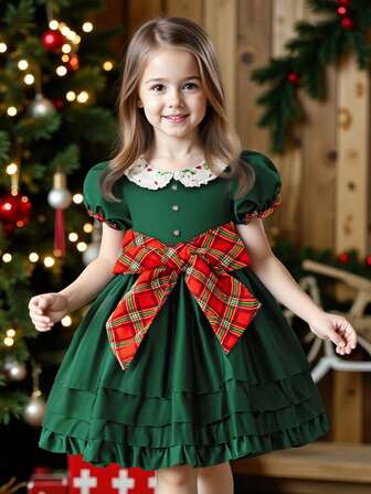 New European & American Style Christmas Dress, Puff Sleeve, Peter Pan Collar, Puffy Skirt, Bow Decor, Princess Dress For Girls