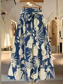 女士休闲植物印花扭结设计半身裙，适合度假和日常穿着 - 藏蓝色 - 查看 4