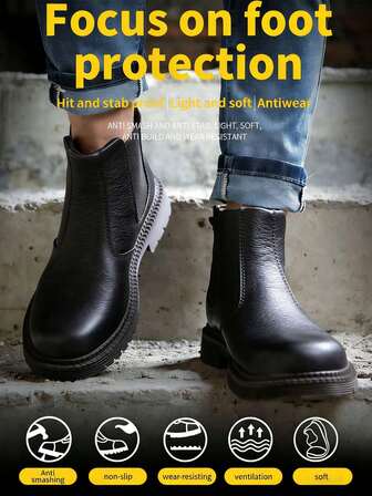 รองเท้าบูทหนังหัวเหล็กนิรภัยพื้นยาง 1 คู่ สำหรับผู้ชาย, ป้องกันการเจาะ, รองเท้าบูททำงานสีดำทนทานสวมใส่สบาย 1 คู่ สำหรับผู้หญิง, เหมาะสำหรับช่างเครื่อง, เจ้าหน้าที่สุขาภิบาล, พนักงานคลังสินค้า, ชาวสวน, คนงานโรงงาน, คนงาน และคนงานกลางแจ้ง