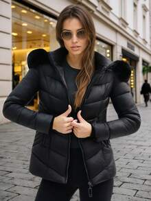 Women's Solid Color Warm Long Sleeve Winter Jacket - Black - View 2