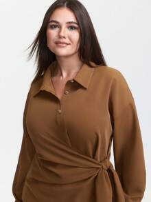 女士纯色前开襟系带优雅职业衬衫，春秋季 - 棕色 - 查看 4