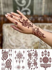 4张海娜临时纹身贴纸，防水棕色手部纹身贴纸，适合女孩婚礼、穆斯林服饰、节日、情人节派对等场合。