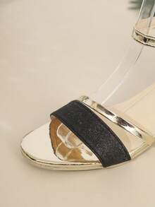 1 Pair Teens' Flashy Black Gold Silver Color Block Chunky Heel Sandals, Girls' Sweet & Edgy Open Toe High Heels, Student Party Date Outdoor Wear Teenage High Heel Sandals - Black - View 7