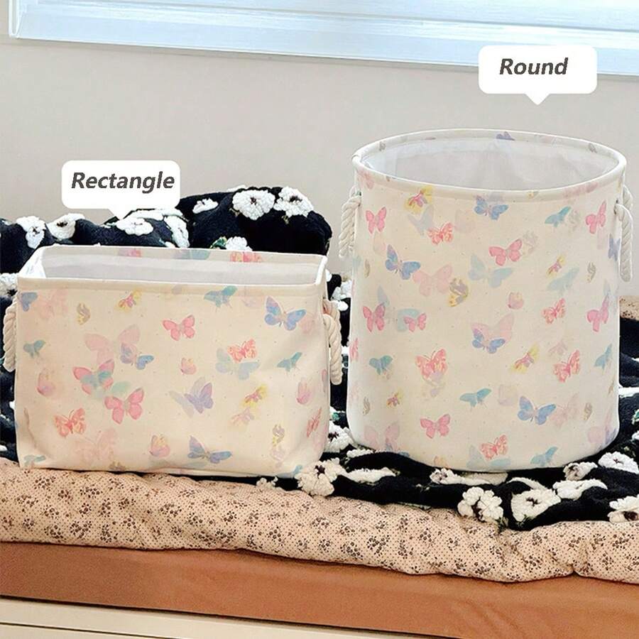 OYHOMO Collapsible Laundry Basket Girls Nursery Clothes Hamper Blanket Basket Butterfly Decor Toys Storage Basket Bin Thicken Canvas Home Organizer For Bedroom, Bathroom, Living Room - Multicolor - View 1