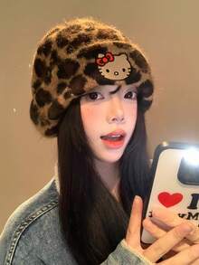 Sanrio 1顶可爱卡通Hello Kitty蝴蝶结针织毛绒帽，加厚保暖护耳，适合冬季佩戴 - 彩色 - 查看 5