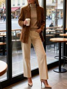 Chaqueta con solapa para mujer, elegante blazer de pana para oficina, otoño - Marrón - Ver 9