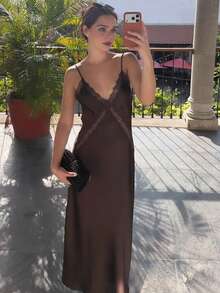 HZXVIC Women's New Solid Color Sexy Elegant Long Dress Summer - Coffee Brown - View 8