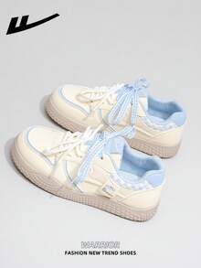 1双 WARRIOR 女士厚底系带软底休闲鞋，低帮户外平底鞋，保暖冬鞋，通勤鞋，圆头低跟防滑纯色优雅软底徒步鞋，适合学生拍摄毕业照，女士低帮休闲运动鞋 - 淺黃/淺藍 - 查看 3