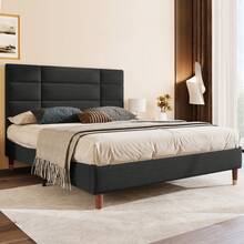 Upholstered Bed, Double Bed With Slatted Base, 140x200cm Upholstered Bed Frame With Headboard, In Black Linen, For Adults & Teenagers, (Mattress Not Included)
