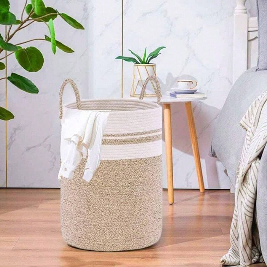 Cesta de lavanderia de cuerda tejida con asas multiusos juguetero practico cesto para ropa sucia canasta organizadora grande blanco y marron 58 L - Marrón - Ver 1