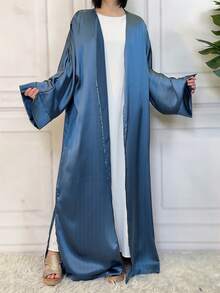 Satin Long Sleeve Arabic Robe For Women, Eid Al-Fitr - Dusty Blue - View 4