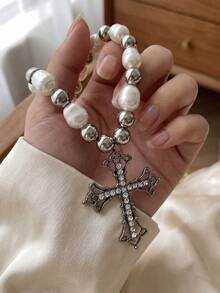 1pc Retro Pearl Necklace, Minimalist Cross Pendant Choker Necklace, Suitable For Women's Daily Decoration, Outfit Matching, Dating, Party, Holiday Gift - Silver - View 2