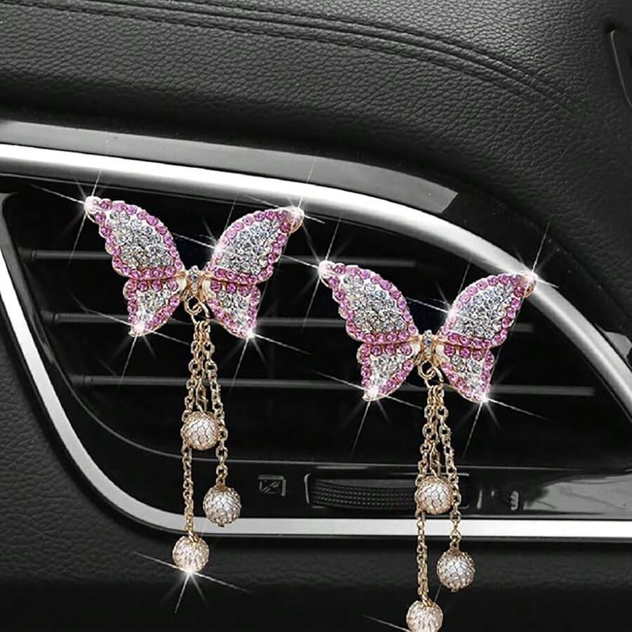2个闪亮蝴蝶汽车出风口夹，钻石汽车内饰装饰配件，可爱女士汽车装饰 - 蝴蝶 - 查看 1