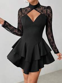 Vestido de moda elegante con encaje, parches y volantes en el bajo, ideal para bailes de graduación - Negro - Ver 5