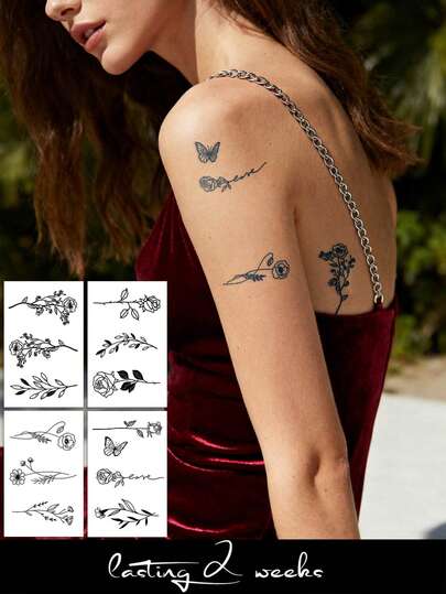 4 PIEZAS Tatuajes semipermanentes de jugo de hierbas Tatuajes mágicos y permanentes Pegatinas de tatuaje con patrones románticos de rosas, flores silvestres, mariposas y texto "Amor" Tatuajes minimalistas de larga duración Tatuajes semipermanentes a prueba de agua que duran 14 días Tatuajes temporales no reflectantes para hombro, cuello, clavícula, brazo, muñeca, pecho, abdomen, espalda, pierna y Body