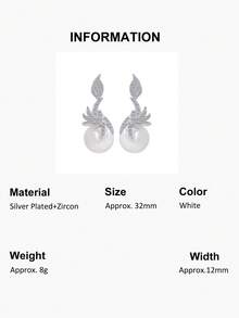 1 Pair Silver Plated CZ Pearl Dangle Drop Earrings, Cubic Zirconia 925 Sterling Silver Post Bridal Jewelry For Women Brides, Wedding/Engagement/Banquet/Party Gifts For Female Bridesmaids, Christmas Gift - White - View 13