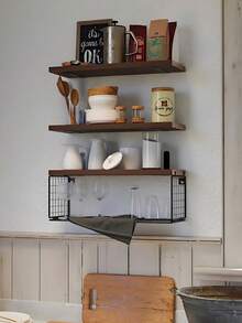 3 piezas Estantería de baño montada en la pared de madera y hierro forjado - Multicolor - Ver 2