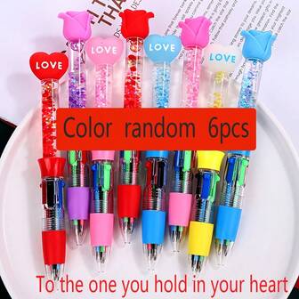 6支/套 卡通爱心玫瑰主题可伸缩四色圆珠笔，节日小礼物