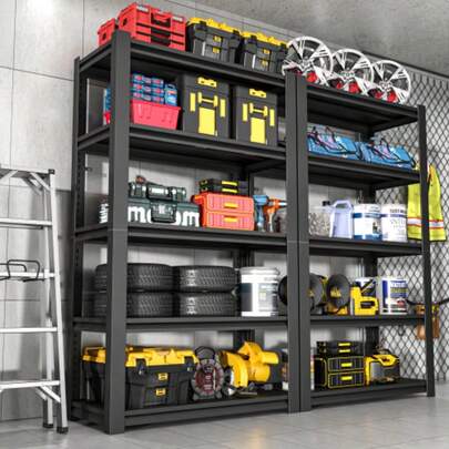 H198cm Schwerlastregal 5 Ebenen – Metall Lagerregal 650kg Tragkraft, Höhenverstellbares Industrieregal für Garage, Keller & Werkstatt, Schwarz, H198cm * B120cm * T45.7cm