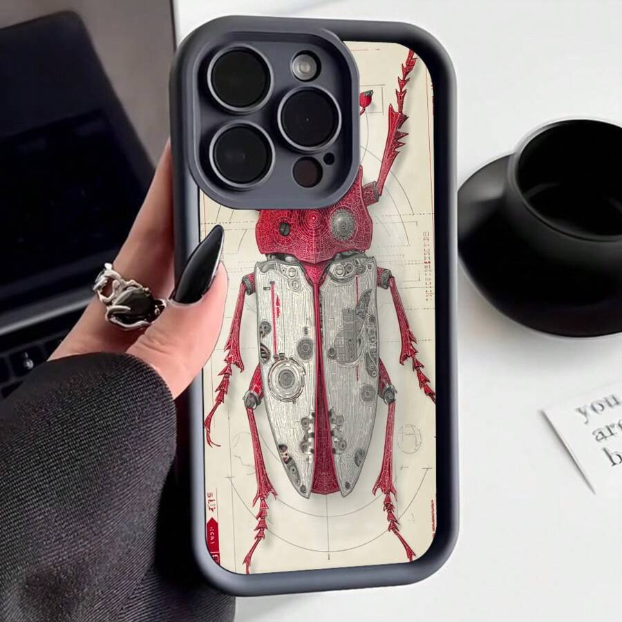Cubierta de teléfono con diseño de escarabajo mecánico rojo y plateado para iPhone 14 Pro Max funda protectora con estética industrial y detalles técnicos ideal para amantes de la ciencia ficción y arte steampunk - Negro - Ver 1